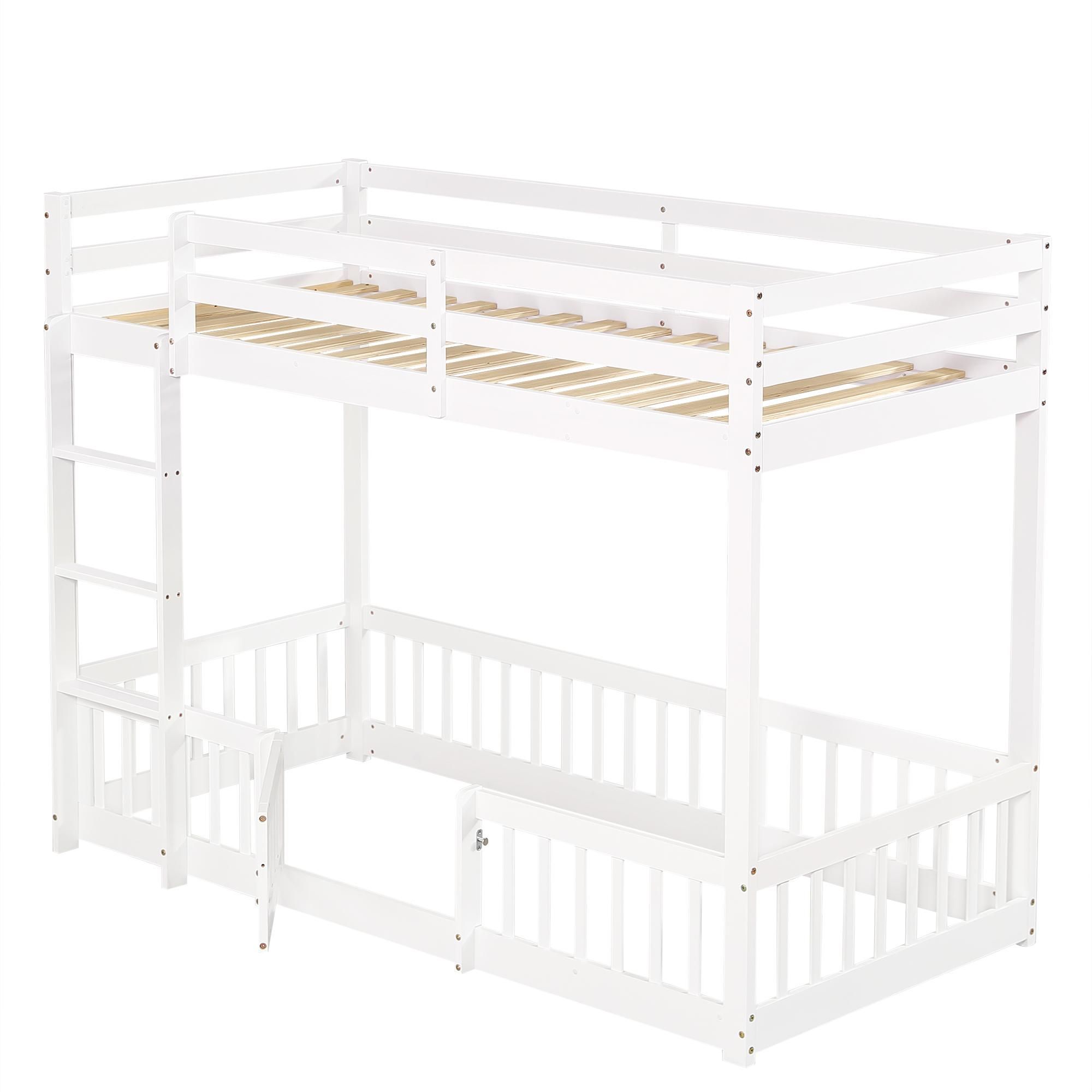 Flieks Etagenbett Kinderbett 90*200cm mit Rausfallschutz, Leiter und Tür, Spielbett Hochbett mit oberem Lattenrost für Kinder