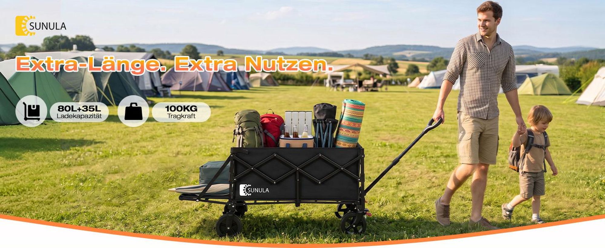 SUNULA Bollerwagen Faltbar mit Erweiterbarer Heckklappe – 80L & 115L Hunde Transportwagen, Schwarz