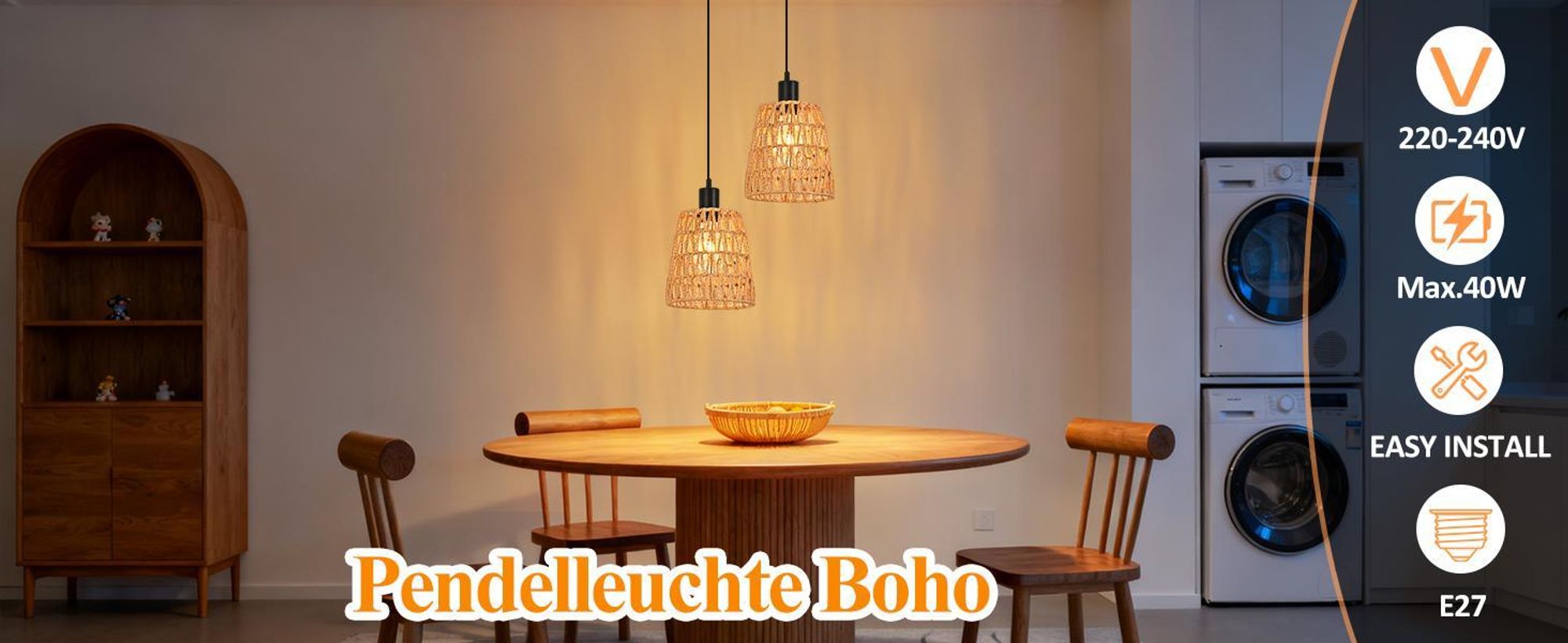 ZMH Lampe à suspendre Boho Lampe à suspendre en rotin 1 flamme Lampe de table à manger Vintage Tressée Lampe à suspendre Abat-jour Corde de chanvre E27 Lampe à suspendre pour salle à manger