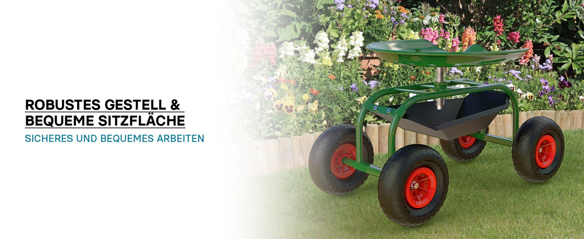 Wiltec Gartenwagen mit Ablagefläche bis 150kg Gartenhocker mit Reifen Gartentrolley für Gartenarbeit Werkstattwagen Rollwagen Arbeitssitz Gartensitz fahrbar