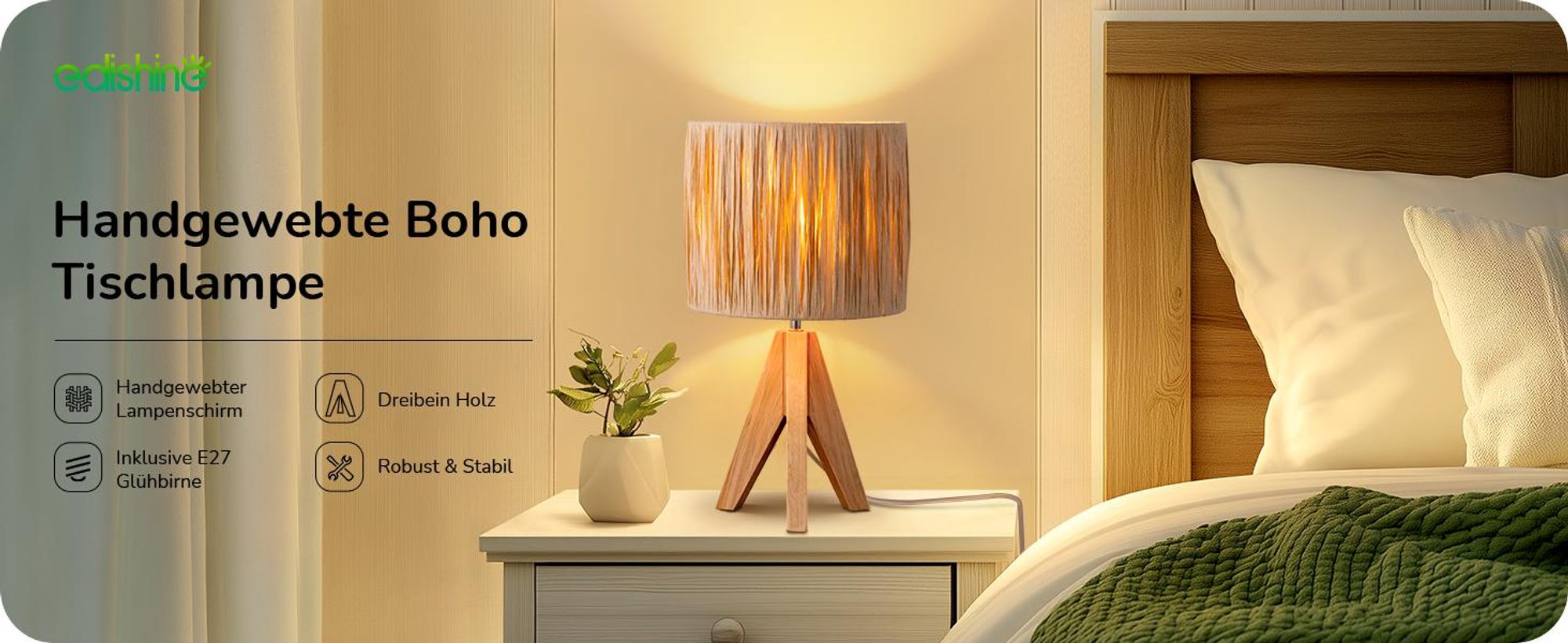 EDISHINE Nachttischlampe mit 4W Glühbirne, LED Tischlampe holzbein, Warmweiß, E27