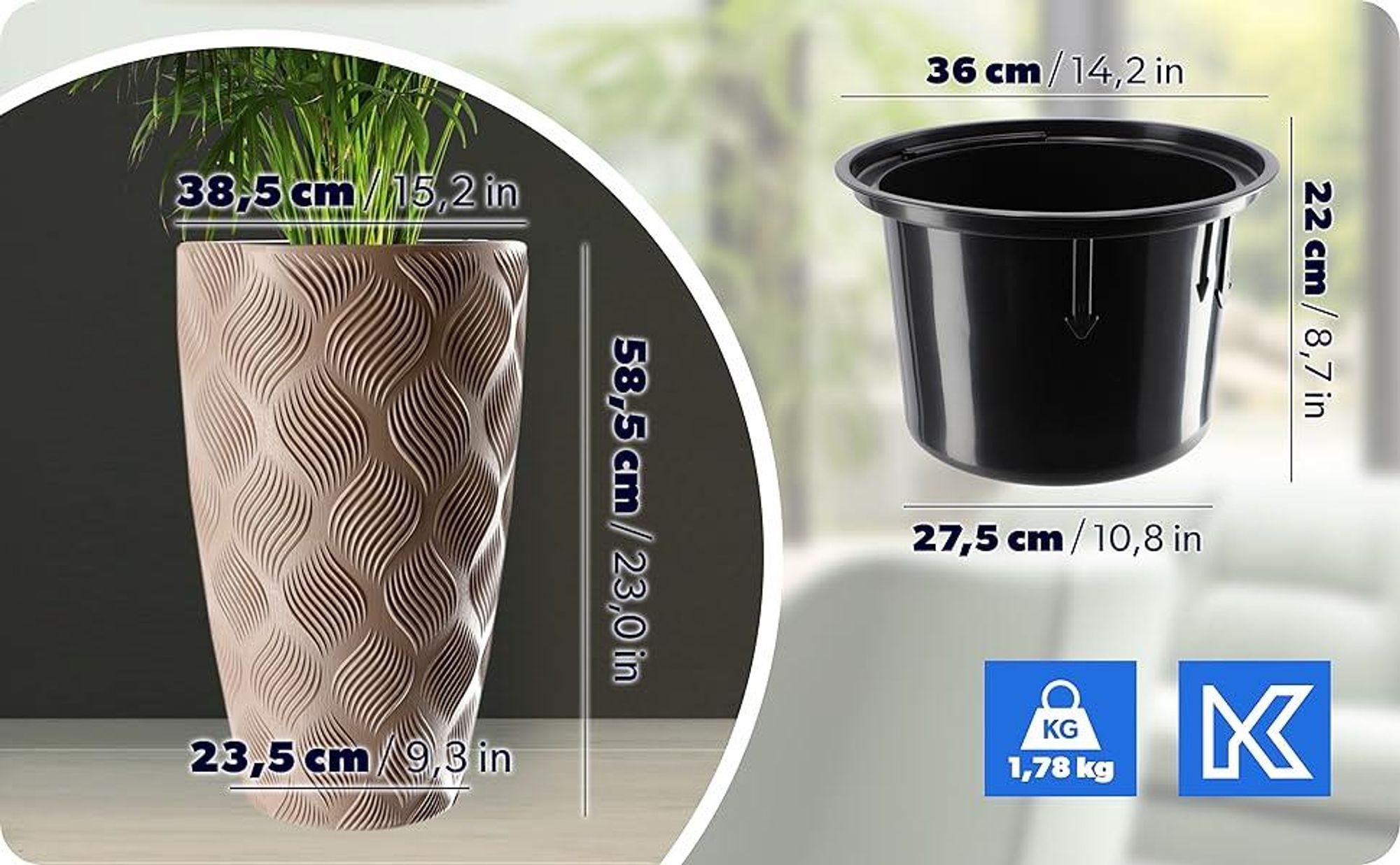KADAX Blumentopf mit Einsatz "Jesi", Pflanzkübel aus Kunststoff, UV-Resistenter Topf, hoch, 40 cm, Beige