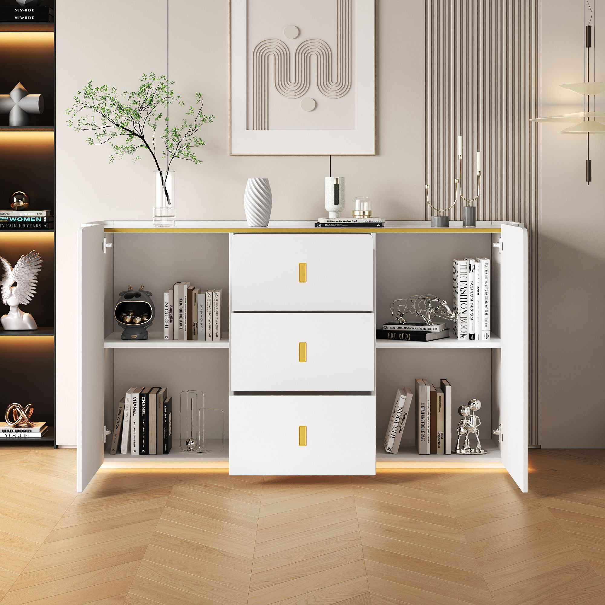 Merax LED Sideboard 150 cm Breite, Multifunktionale Anrichte, Kommode mit 2 Türen und 3 Schubladen, Highboard für Wohnzimmer, Küche, Weiß