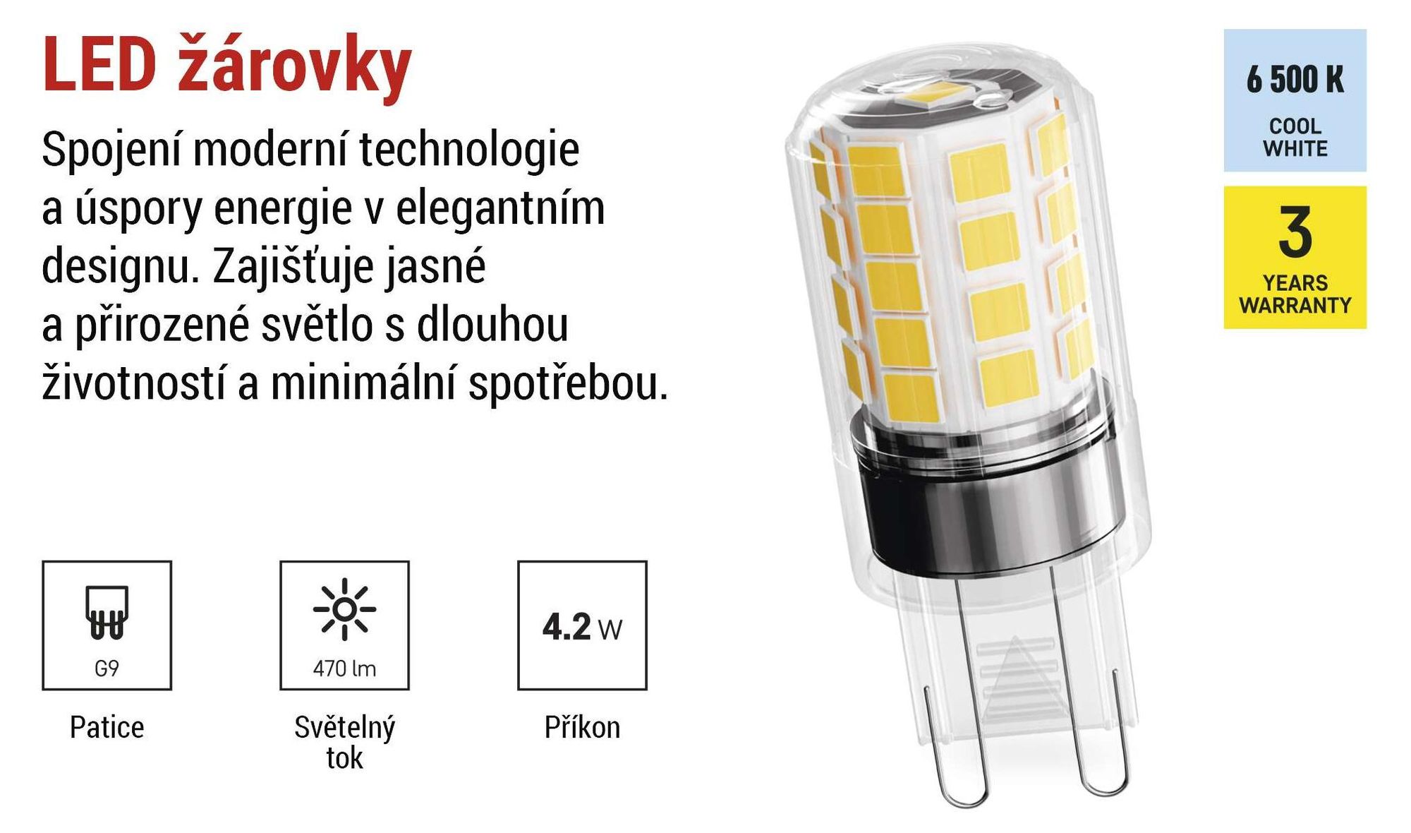 EMOS G9 LED žárovka CLASSIC, 2 ks, 4,2 W nahrazuje 40W halogenovou žárovku, patice G9 JC, jas 470 lm, studená bílá 6500 K, dlouhá životnost, ZQ9E24.2