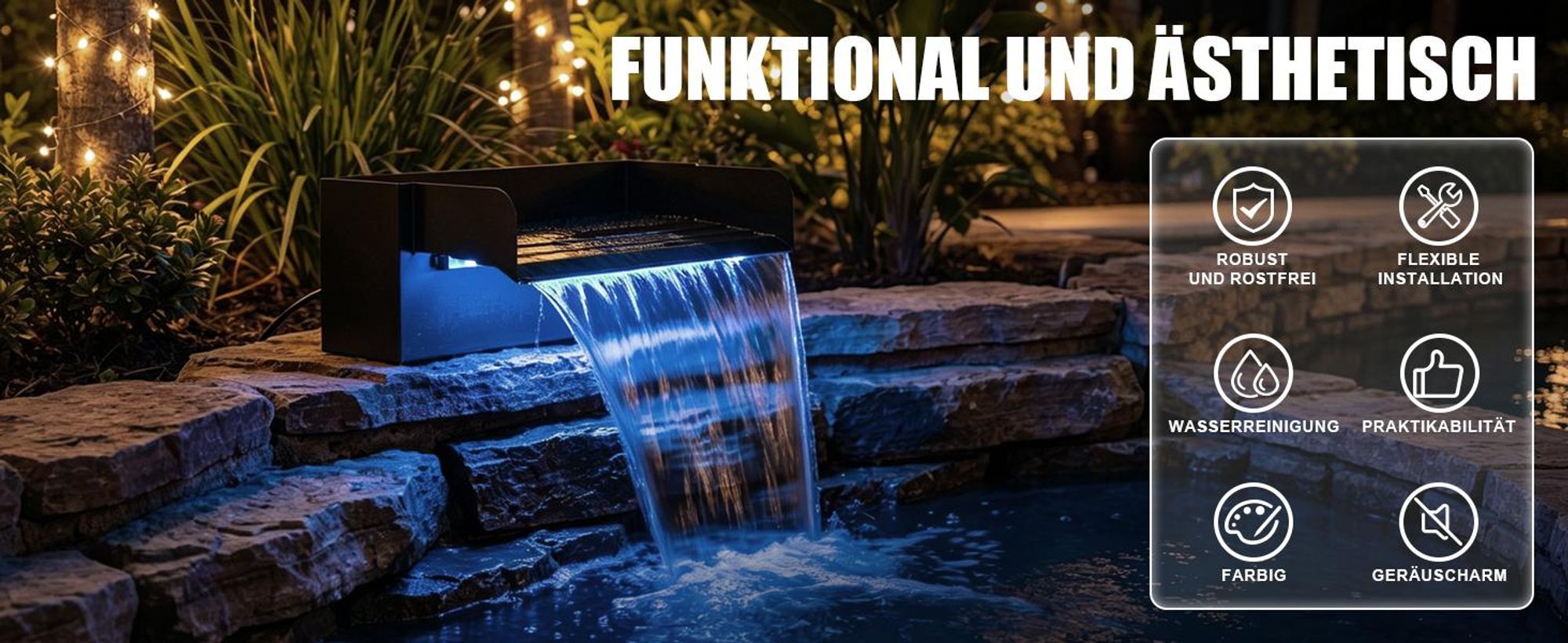 LED Pool Wasserfall mit UVC-Lampe & RGB Wasserspiel 3000L/H Teichpumpe mit Filter 31cm Edelstahl Teichwasserfall für Terrasse Bachläufe Gartenteiche