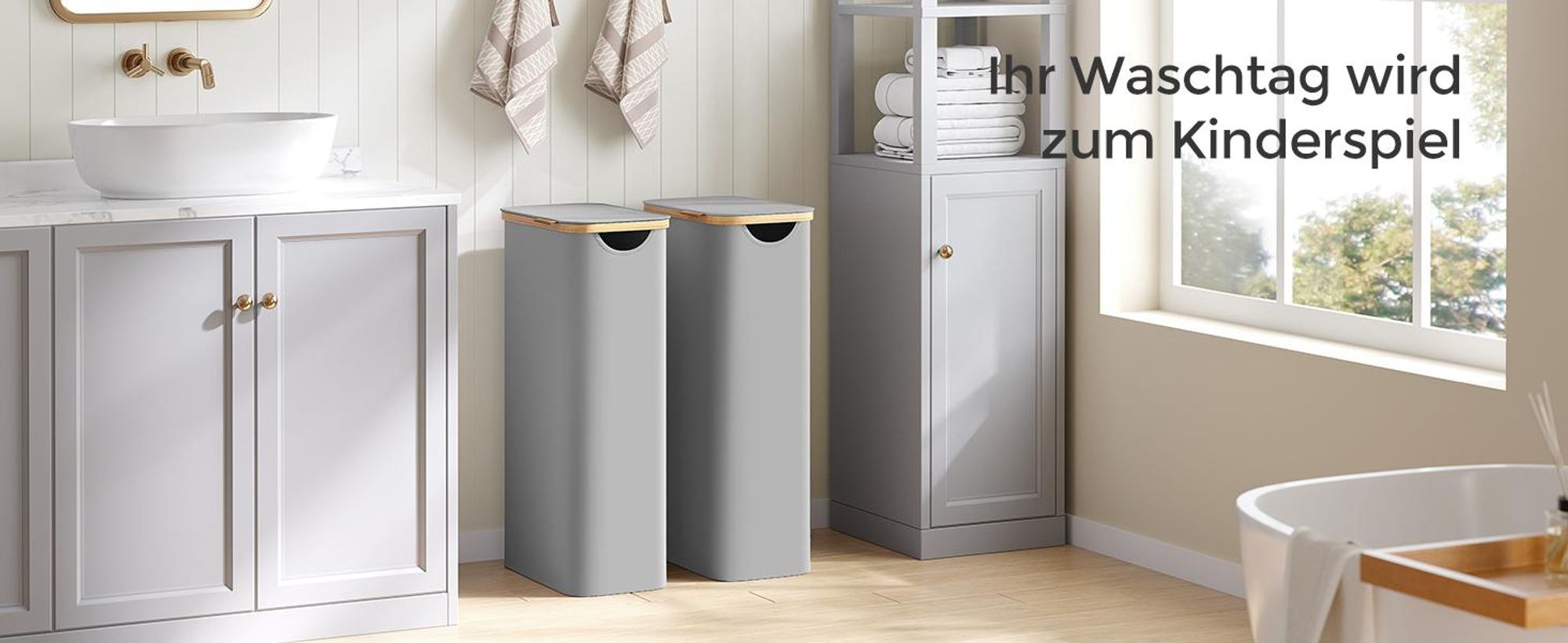 SONGMICS Wäschekorb mit Deckel, 65 L, herausnehmbarer Wäschesack,Griffe aus Bambus