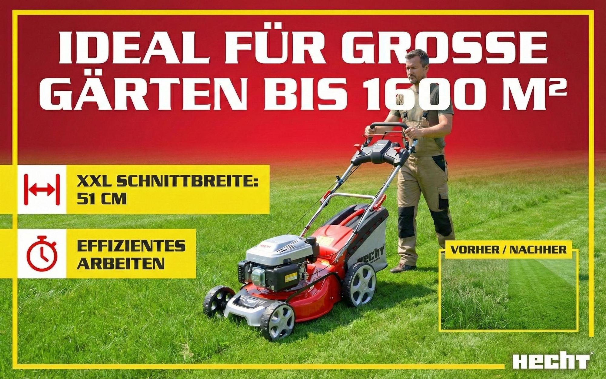 HECHT 5534 SX Rasenmäher Benzin | mit Antrieb | 5in1 | 51 cm Schnittbreite | 60L | Fangkorb | Mulchkit | Zentrale 7-fach Höhenverstellung