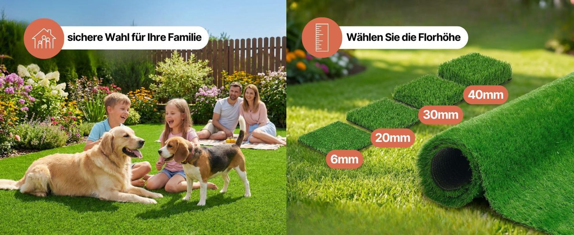 Rasenteppich Natural Deluxe Kunstrasen Grün Garten Balkone Terrassen Wintergärten Höhe:20 mm 200 x 500