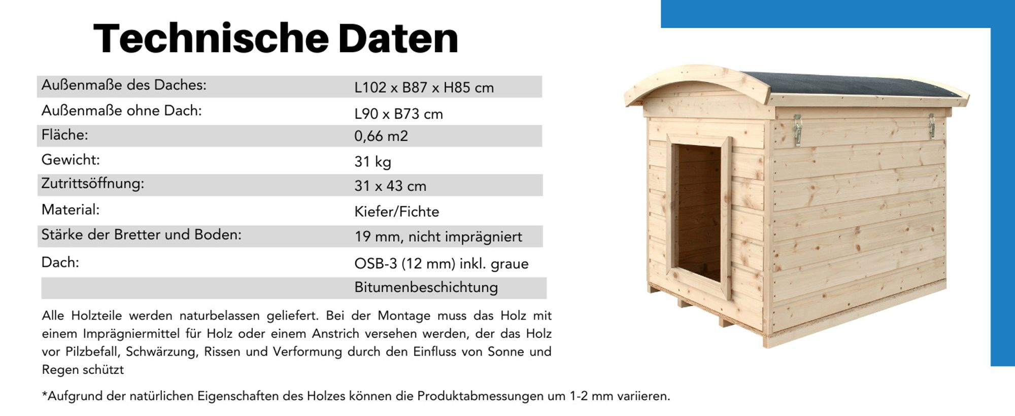 Hundehütte Outdoor kleine Hunde – Hundehaus Holz für Kleiner Rassen, wasserfestes Dach 87 x 102 x H84 cm, Größe S, Timbela M405-1
