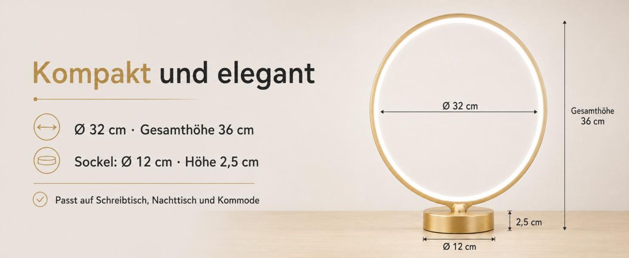 LED Tageslichtlampe 10.000 Lux, UV-frei, Touch & Fernbedienung, 3 Lichtfarben, 4 Dimmstufen, Timer, Memory-Funktion, USB-Ladefunktion, SAD-Lampe, Gold
