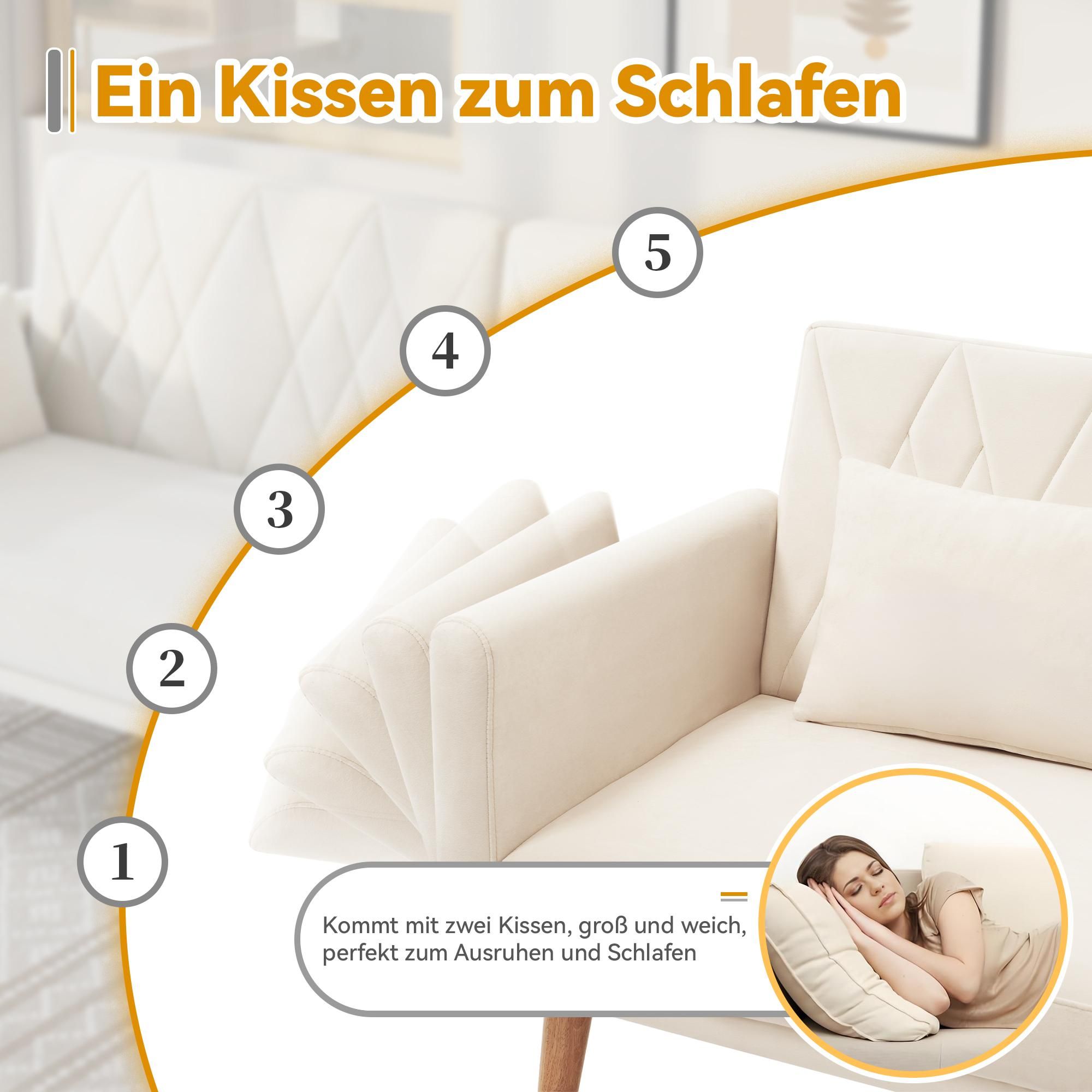 Merax Schlafsofa, Zweisitzer Sofa mit Schlaffunktion, verstellbare Rückenlehne & Armlehnen, 2 Kissen, Couch, Bettsofa, Wohnzimmersofa, Samt, Beige