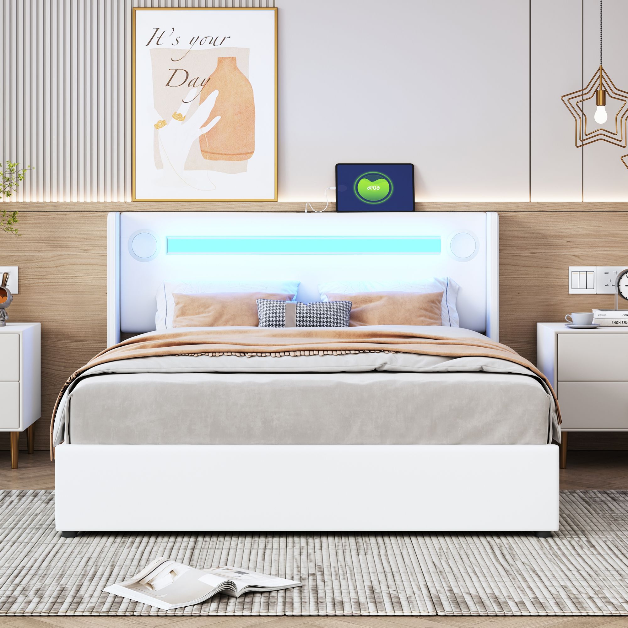 Flieks Polsterbett 140x200cm mit USB und Bluetooth-Player, Boxspringbett Doppelbett mit LED und Lattenrost, Stauraumbett Jugendbett, PU, Weiß