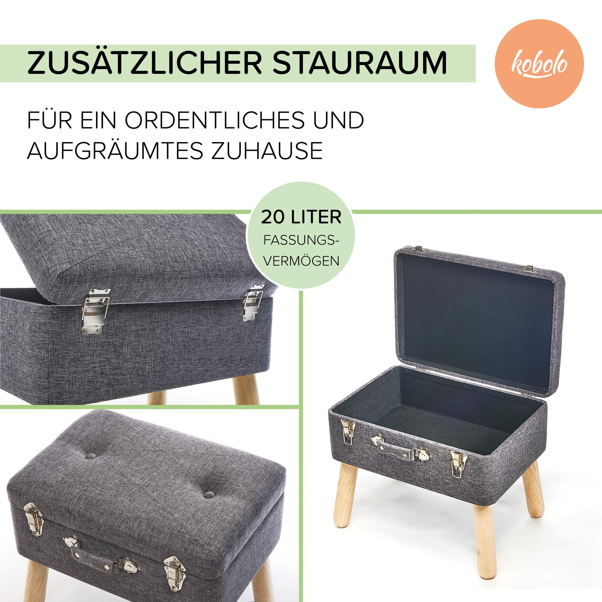 Grauer Hocker in Kofferoptik mit Holzbeinen aufgeklappt und zusätzlichen Stauraum