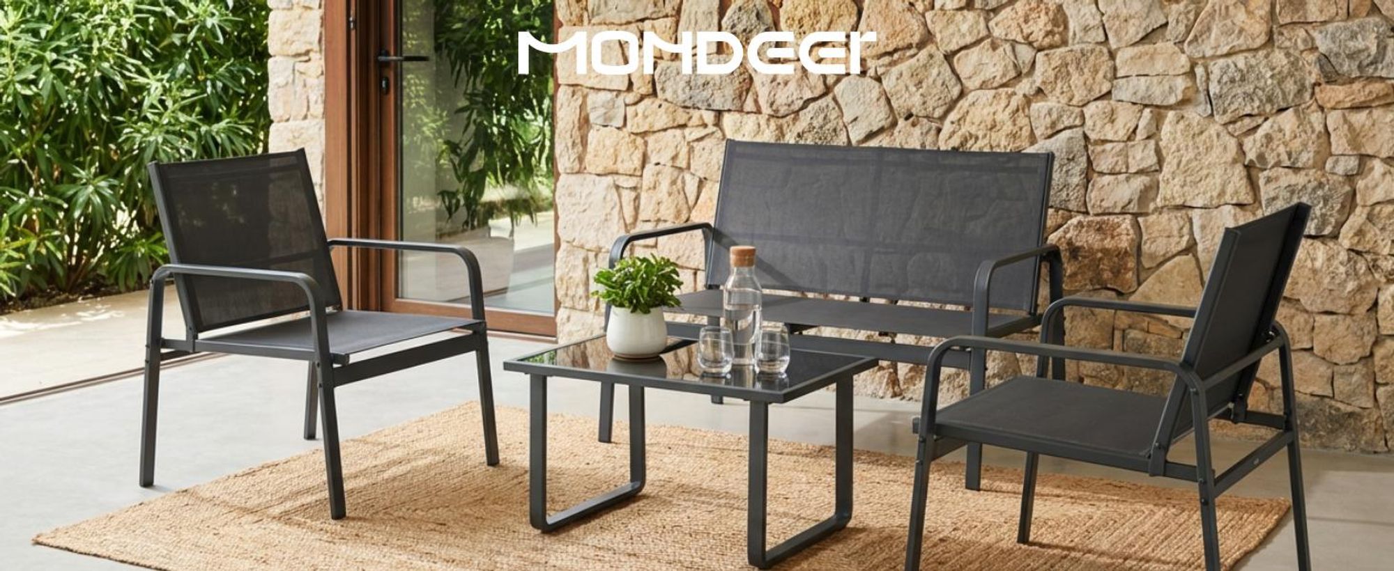 Mondeer Gartenmöbel-Set 4-teilig, Sitzgruppe mit Armlehnen & Glas-Tisch, Wetterbeständig für Balkon Terrasse Schwarz