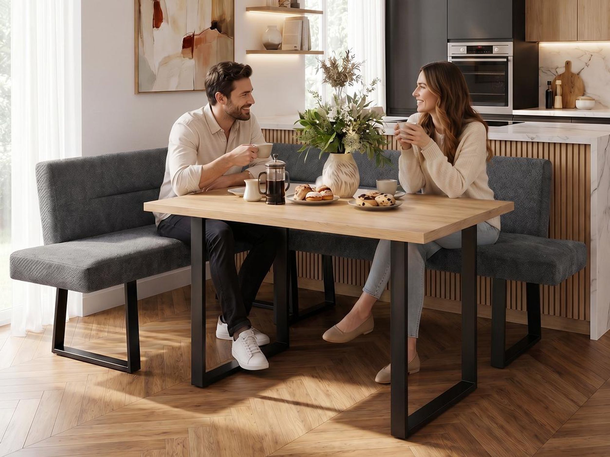 BEAUTYSOFA | Eckbank CRESTO Dunkelgrau Links, Polsterbank mit Rückenlehne, Eckbank für Esszimmer und Küche, schwarze Metallkufen, moderner Essplatz