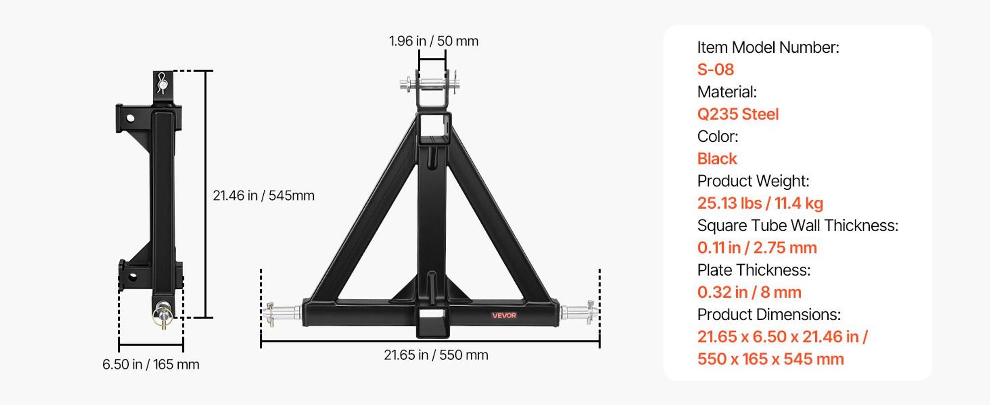 VEVOR 3-Punkt-Anhängerkupplung mit 2-Zoll-Anschluss, 3-Punkt-Schnellkupplung, 3.000 lbs Tragfähigkeit, Schwerlast-Traktor-Zugdeichsel-Adapter, kompatibel mit Kubota, Mahindra, John Deere, Massey Ferguson, 21 Zoll-Dual-Schnittstelle-Standard