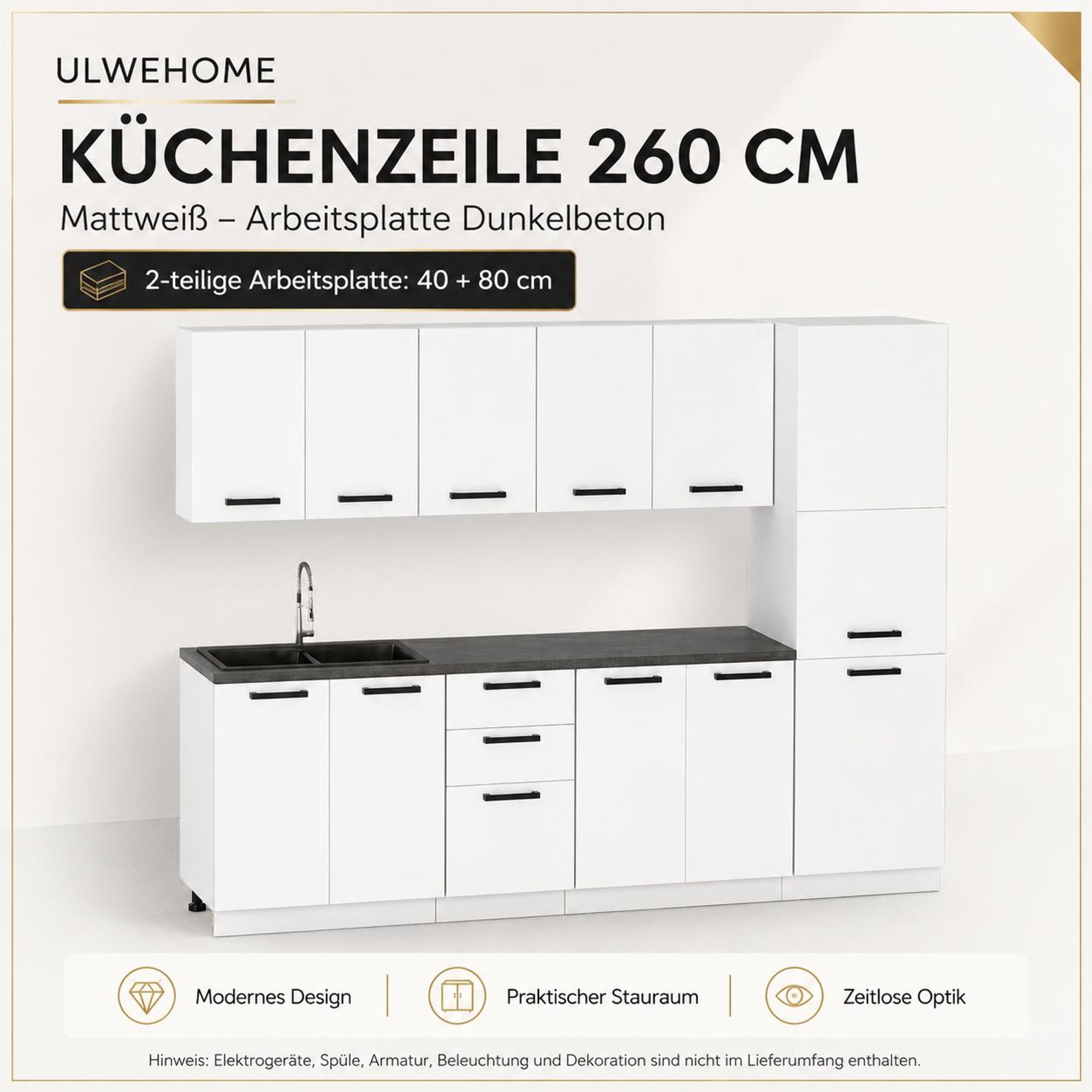 Moderne Küchenzeile 260 cm Mattweiß mit Arbeitsplatte Dunkelbeton