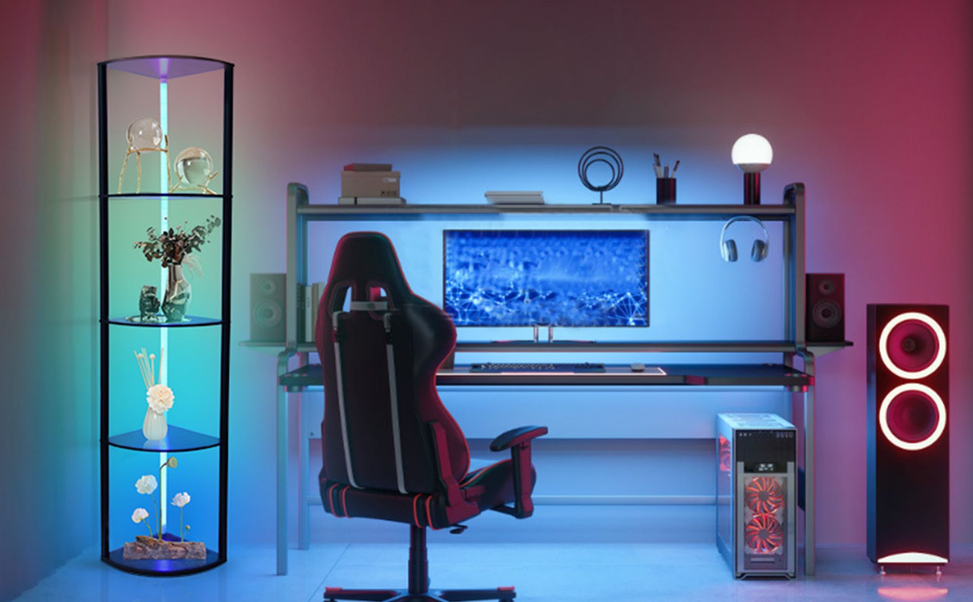 5 Stehend Eckregal 6 Farbtemperaturen LED Stehlampe 1.6m Stehlampe mit Regal aus Holz 2700-6500K RGB Eckvitrine Standleuchte Wohnzimmer Schlafzimmer