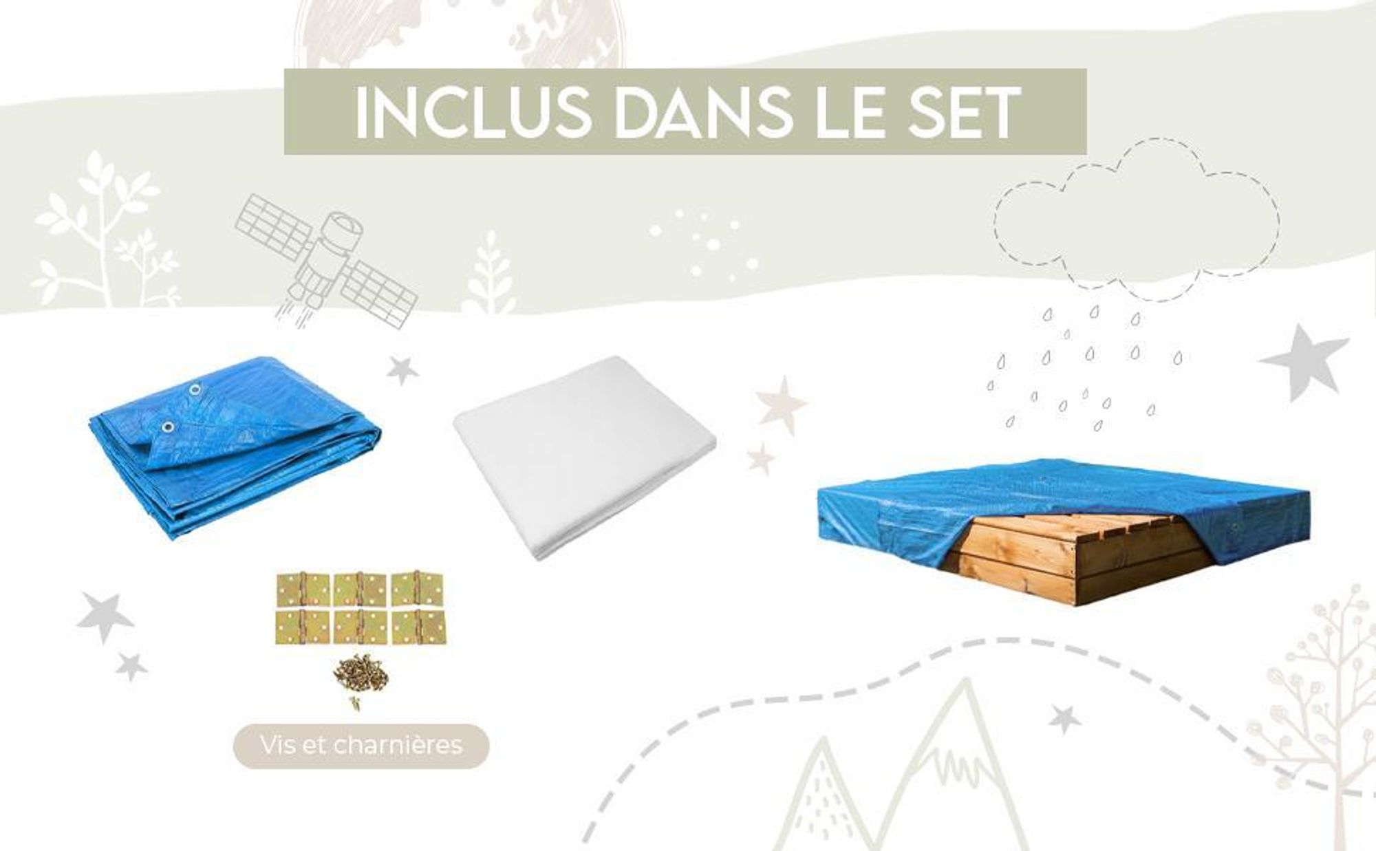MAMOI Bac à sable avec couvercle 120x120 Bac à sable imprégné Bac à sable avec bancs Couverture de jouets en bois Bancs 150x150