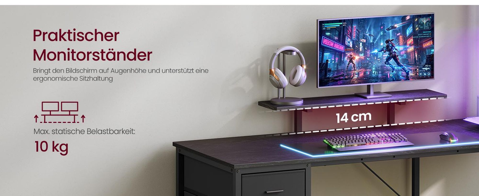 VASAGLE L-Form Schreibtisch mit LED-Beleuchtung, Steckdosen und 3 Schubladen, 140 x 100 x 150 cm, Schwarz