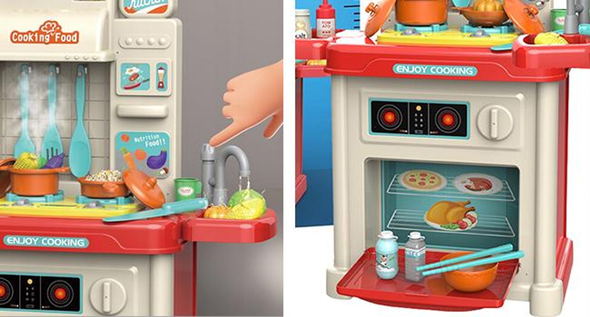 KRUMAD Kinderküche Spielzeug ab 3 Jahre, Spielküche mit Backofen, Herd, Wasserhahn, Sound & Dampfeffekt, 42-teiliges Zubehör Set, Küchenspielzeug für