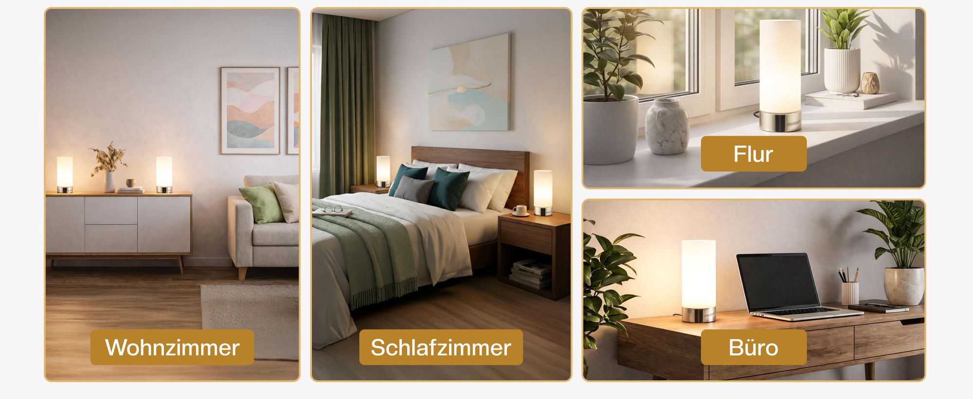 MONZANA® Nachttischlampe 2er Set Touch Dimmbar mit LED Leuchtmittel Glasschirm Tischlampe Tischleuchte Wohnzimmer Schlafzimmer Nachtlicht Leselampe