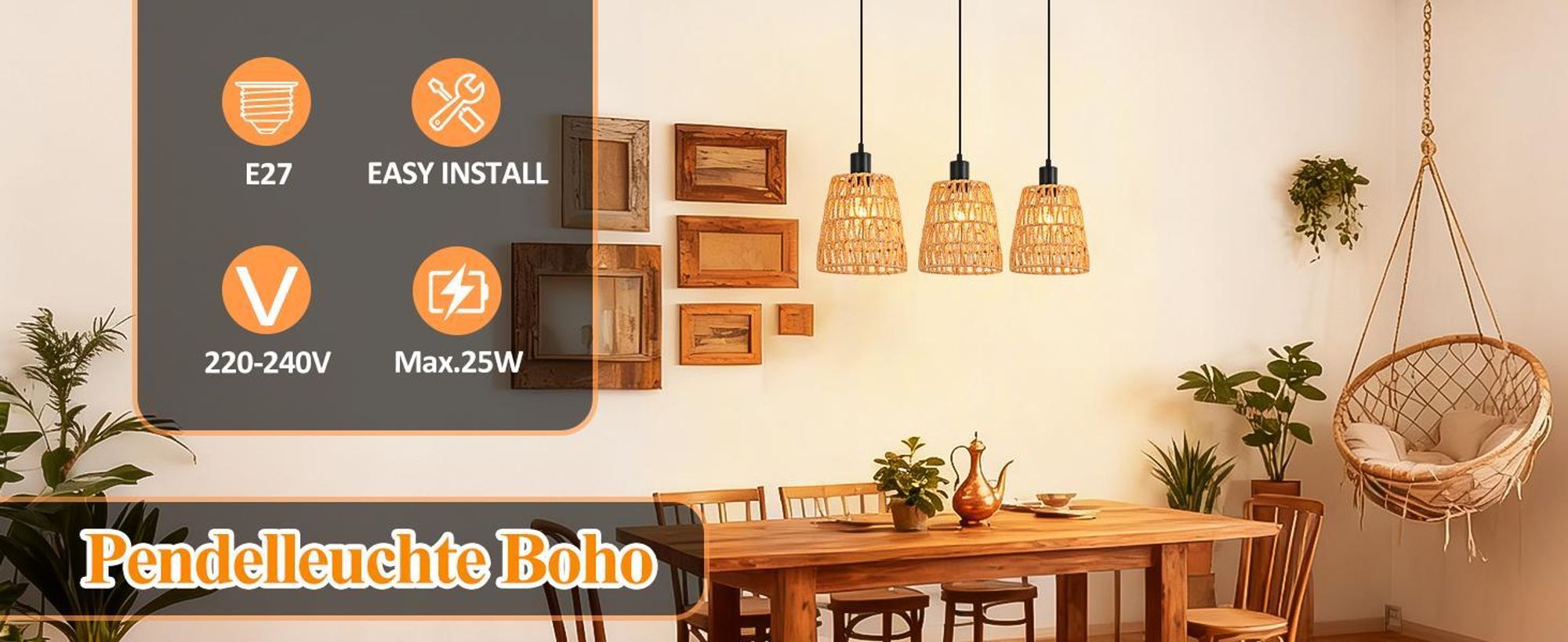 ZMH Hängelampe Boho Pendelleuchte Rattan 3 Flammig Esstischlampe Retro Geflochten Hängeleuchte Lampenschirm Hanfseil E27 Pendellampe Ohne Leuchtmittel