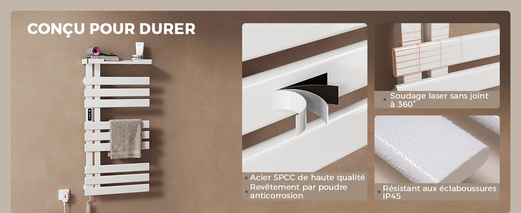 S'AFIELINA Sèche-serviettes électrique avec étagère 1050×500 mm 335 W Blanc,Radiateur sèche-serviettes connecté WiFi, chauffage en fibre de carbone