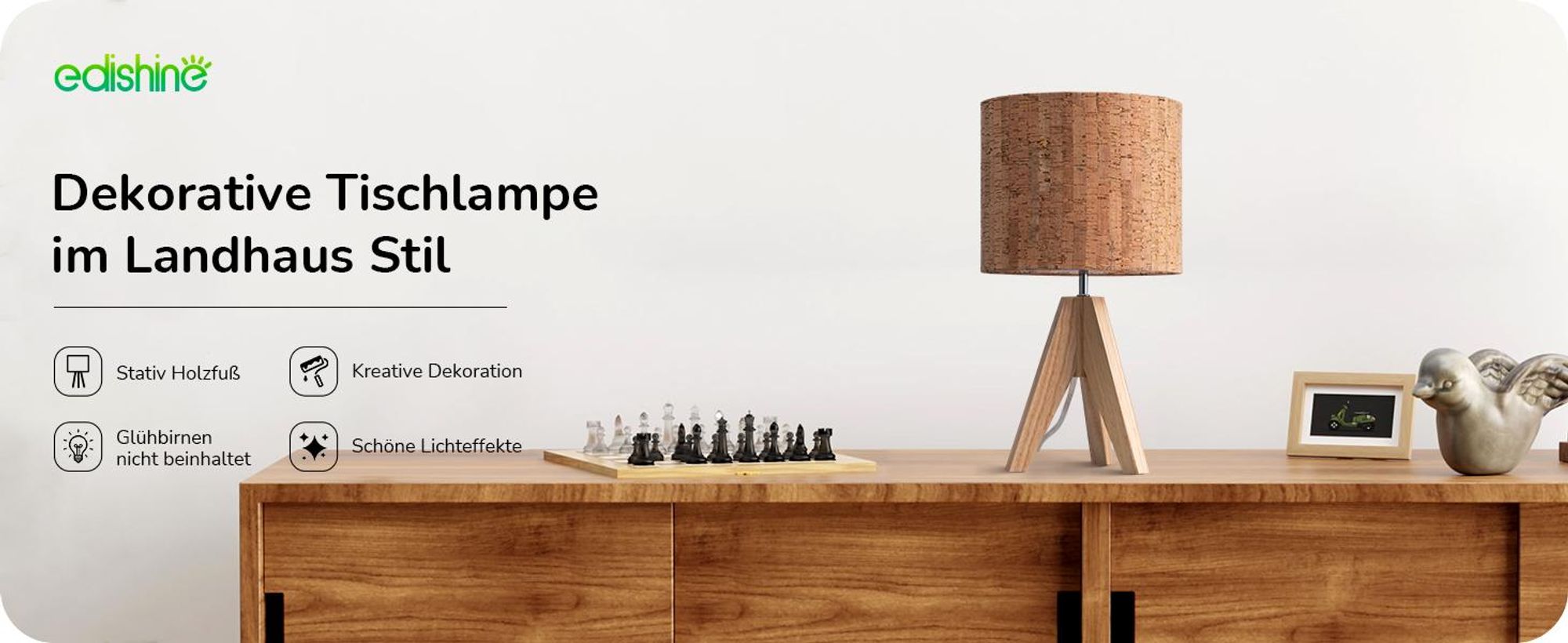 EDISHINE Nachttischlampe Holz, Tischlampe Vintage Landhaus, Boho Rindeneffekt