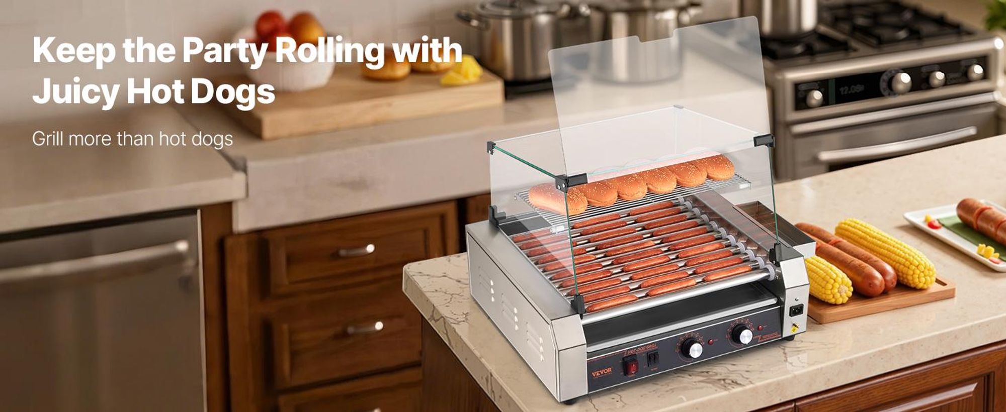VEVOR Hot Dog Grill Maschine Hot dogs 11 Rollen Edelstahl, 2200 W, Elektrogrill mit Abdeckung & 2 Temperaturregler & seitlicher Aufbewahrungsbox