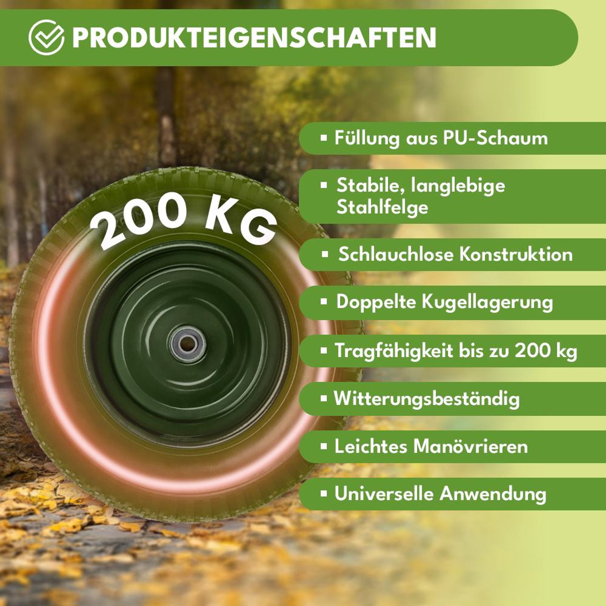 KRUMAD Schubkarrenrad Vollgummi mit Achse 200 kg 4.80/4.00-8 39 cm Metall Ersatzrad für Schubkarre Schubkarrenzubehör