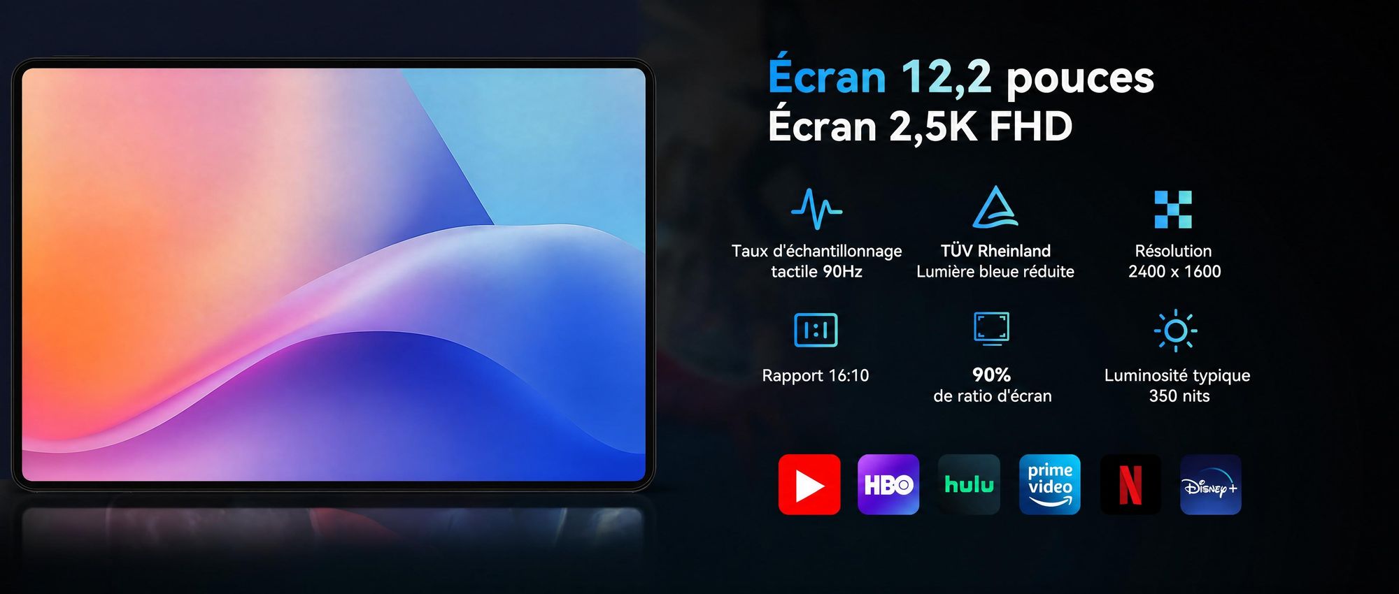Tablette Android 16 T60, écran de 12,2 pouces avec résolution 2,5K, 48 Go de RAM + 256 Go de stockage interne (extensible jusqu'à 2 To via carte TF), processeur Octa-Core, batterie de 10 000 mAh et intelligence artificielle Gemini
