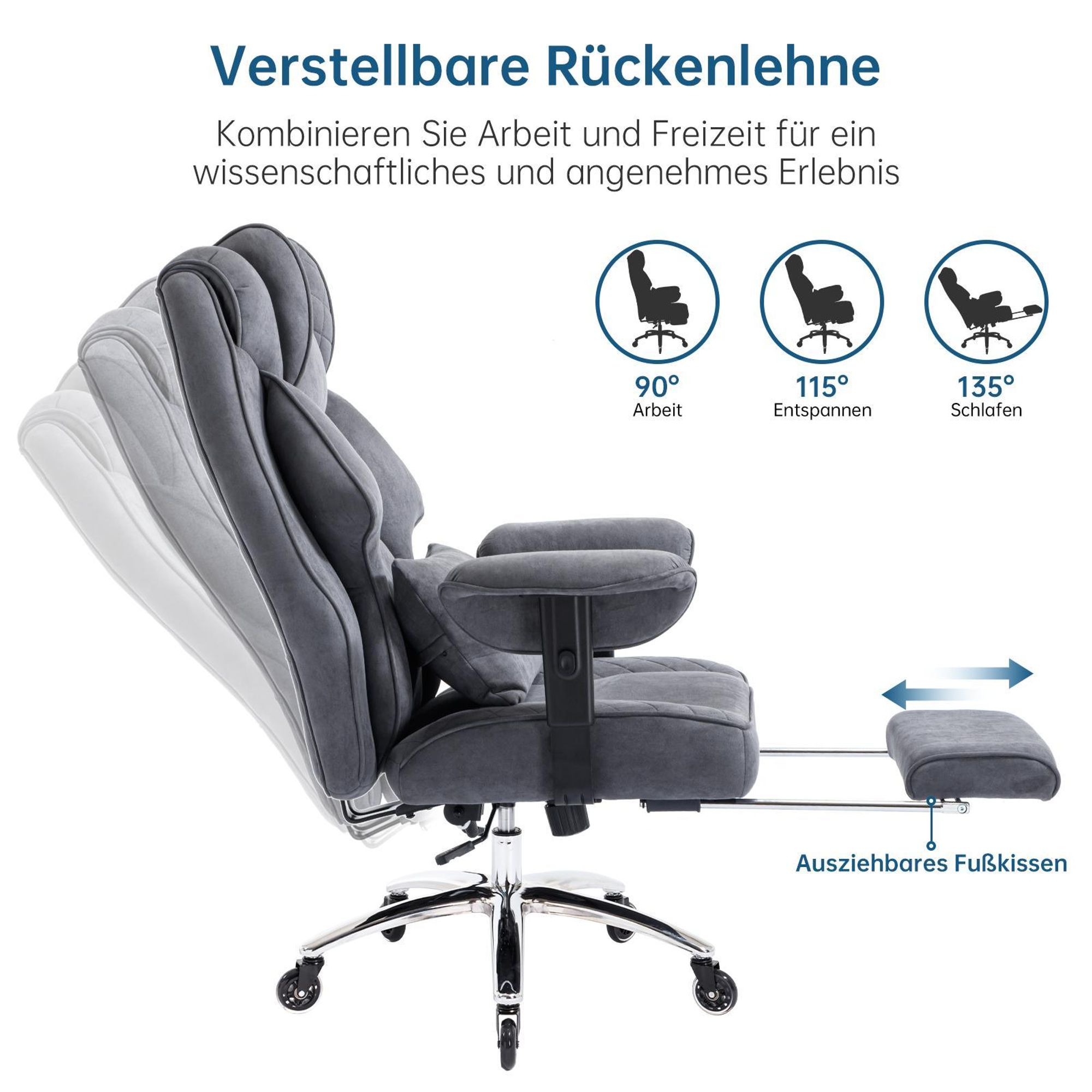 Grauer Samt-Bürostuhl mit verstellbarer Rückenlehne (90°/115°/135°) and ausziehbarer Fußstütze
