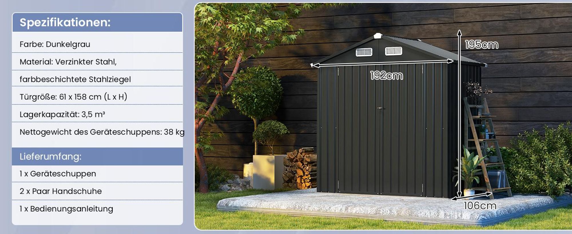 COSTWAY Gerätehaus Metall, Geräteschuppen mit 4 Lüftungen&abschließbare Türen, Gartenhaus Wetterfest für Garten, Hinterhof, 193x108x196 cm, Dunkelgrau