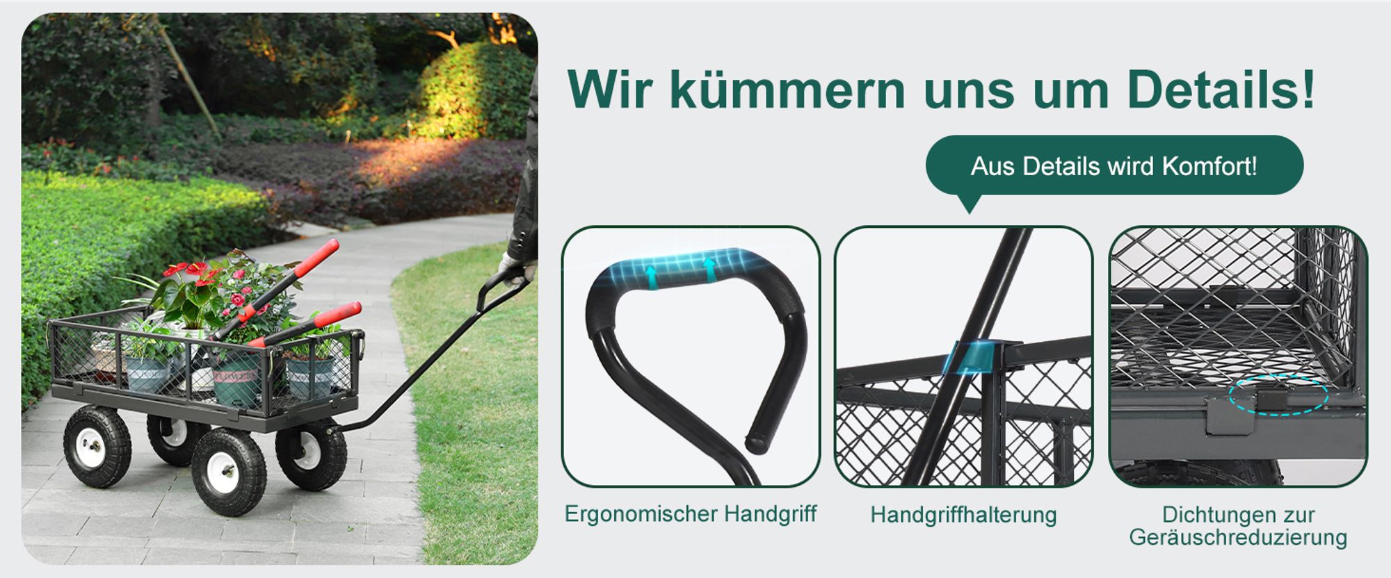 Sekey 300 KG Gartenwagen Gerätewagen Transportwagen mit 10" Vollgummi-Luftreifen, Grau