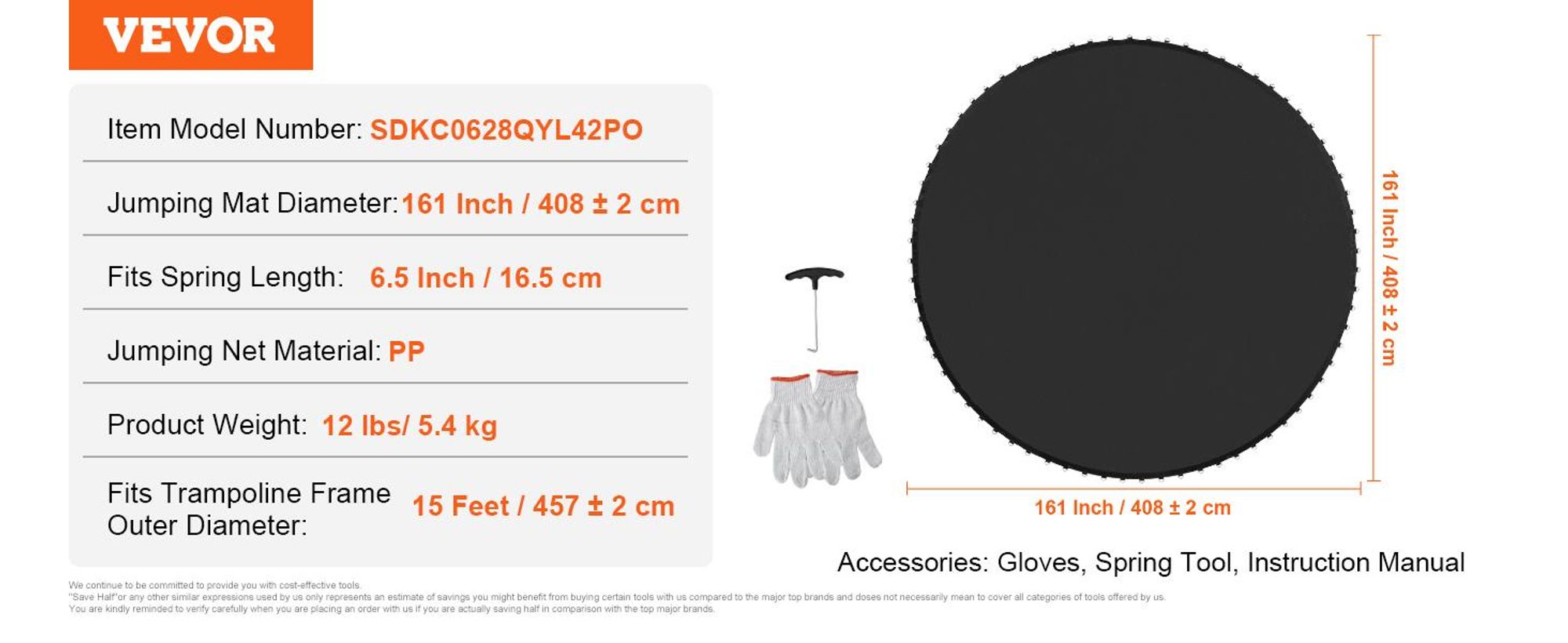 VEVOR Ersatz-Trampolinmatte, Sprungmatte passt auf 14ft Rahmen, Universelle Sprungmatte für 14ft Rundtrampolin, Verstärkte UV-beständige Matte mit Federwerkzeug & langlebigen V-Ringen, passend für 6,5"-7" Federlänge
