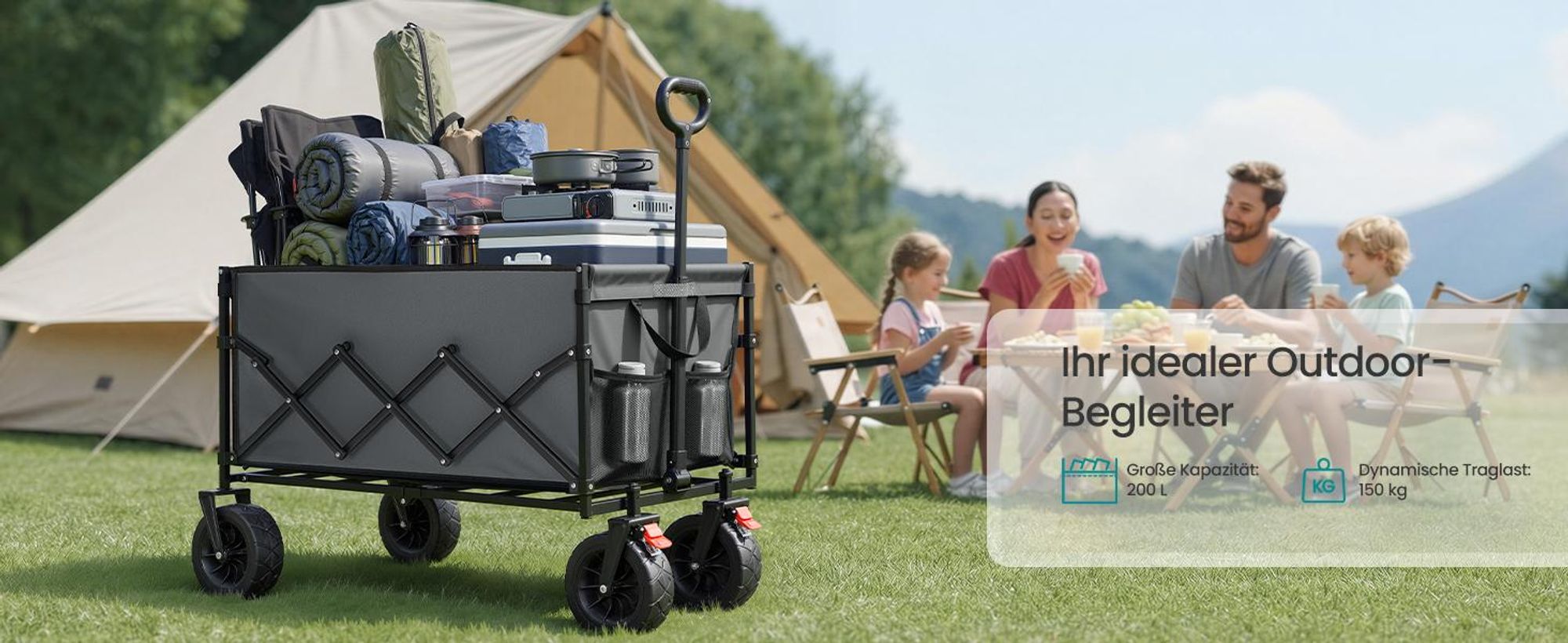 SONGMICS Faltbarer Bollerwagen, Transportwagen 200 L, Handwagen mit Griff, Outdoor Garten, 4 verstärkte Rollen, grau