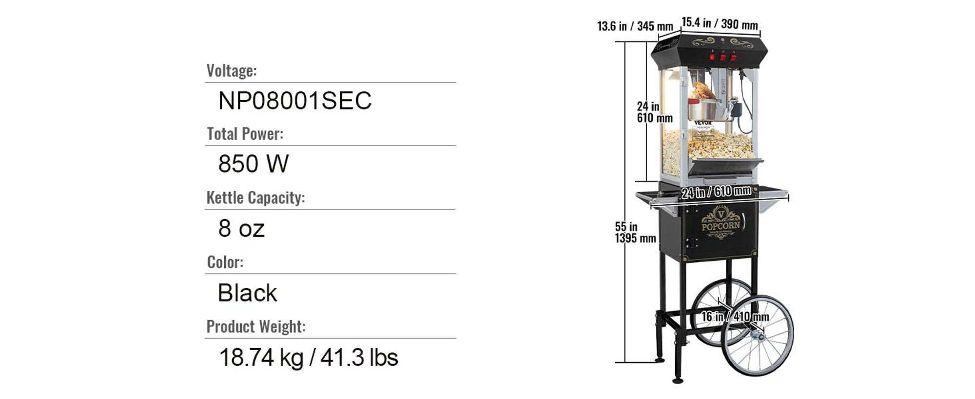 VEVOR Popcornmaschine Popcornautomat mit Wagen 850 W Popcorngerät, 8 oz Kessel für 48 Tassen pro Ladung, Popcornmaschine mit gehärtetem Glas inkl. 4 Schaufeln Kino-Stil Restaurant Schwarz