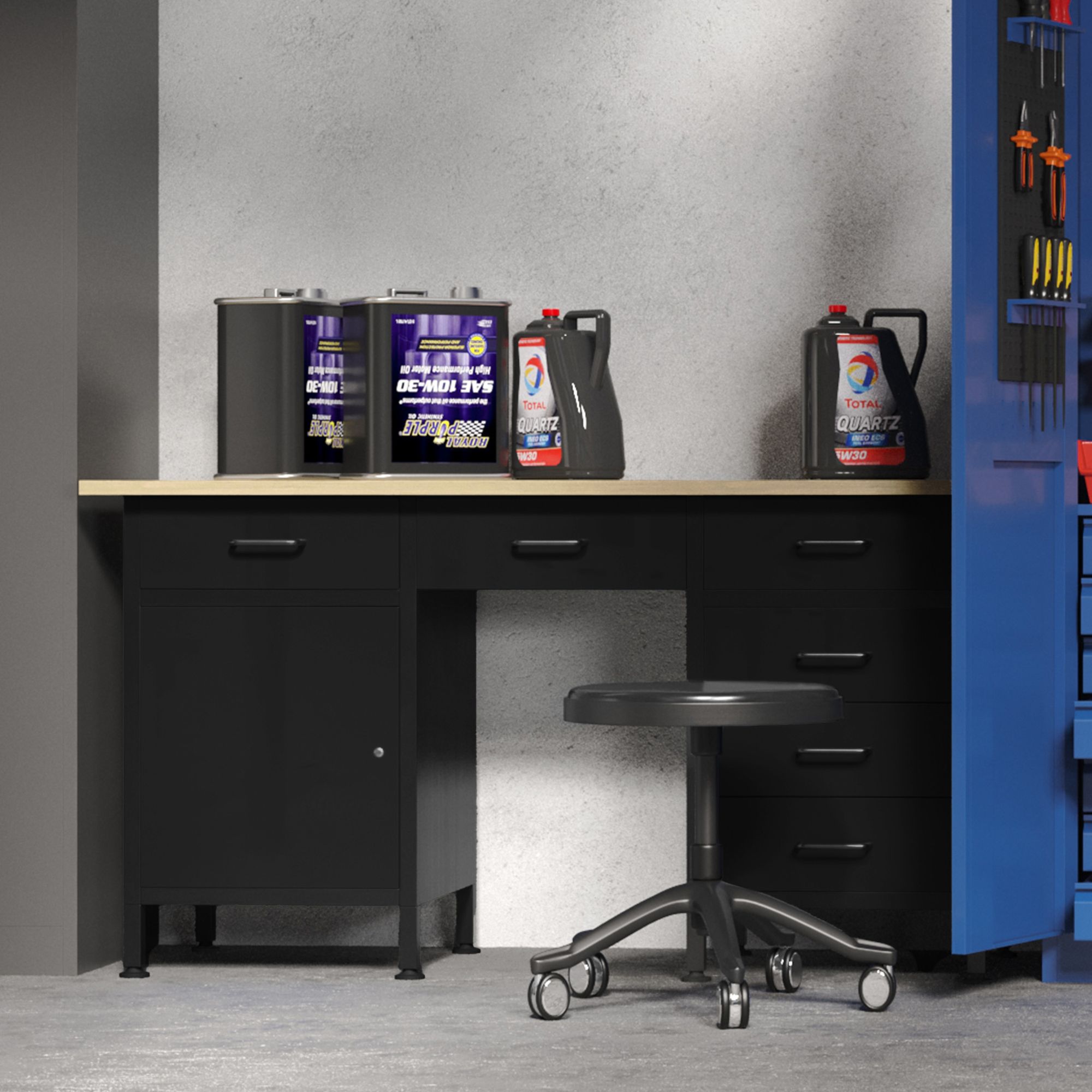 Werkbank mit Arbeitsplatte Werktisch mit 6 Schubladen Schließfach Verstellbare Füße MDF-Arbeitsplatte Belastbar bis 500 kg Metall 170 cm x 60 cm x 85 cm Farbe: Schwarz