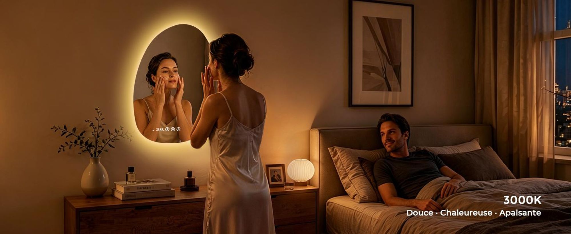 S'AFIELINA Miroir de salle de bain avec éclairage Asymétrique 60 x 45 cm avec 3 couleurs de lumière réglable, antibuée, Bluetooth, horloge, température, fonction mémoire