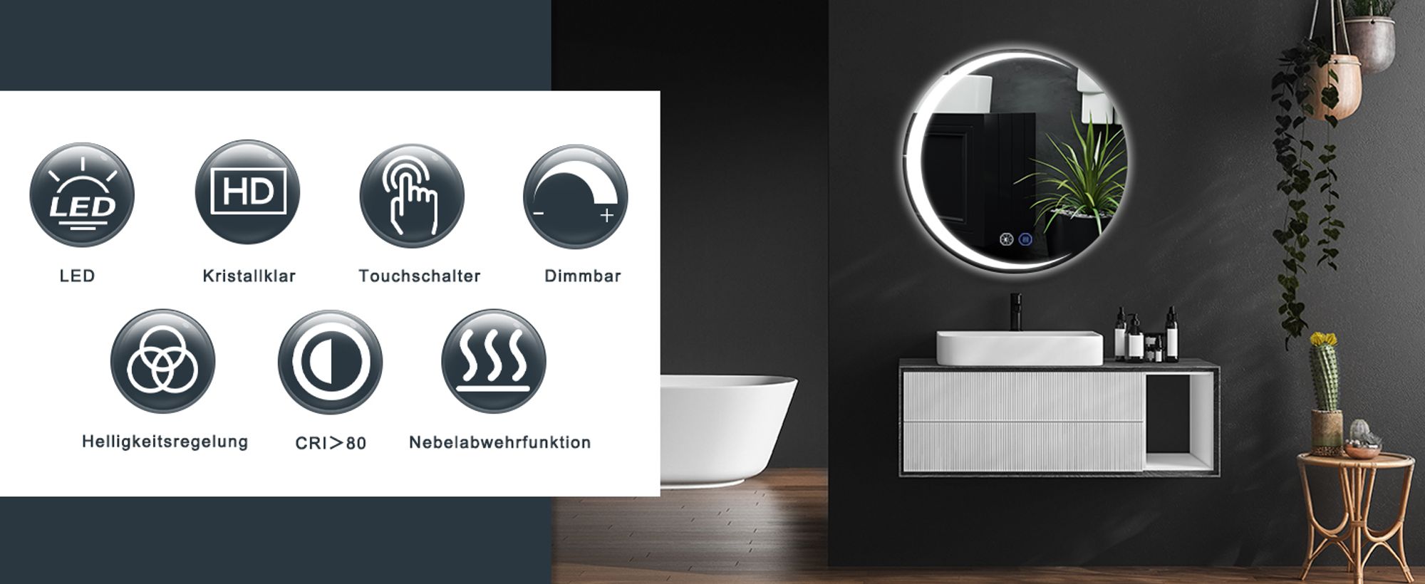 ZMH Spiegellampe mit Beleuchtung Wandspiegel Rund 50cm LED mirror Touch Schalter und Entfogger Funktion Spiegel Lichtspiegel Dimmbar für Badezimmer
