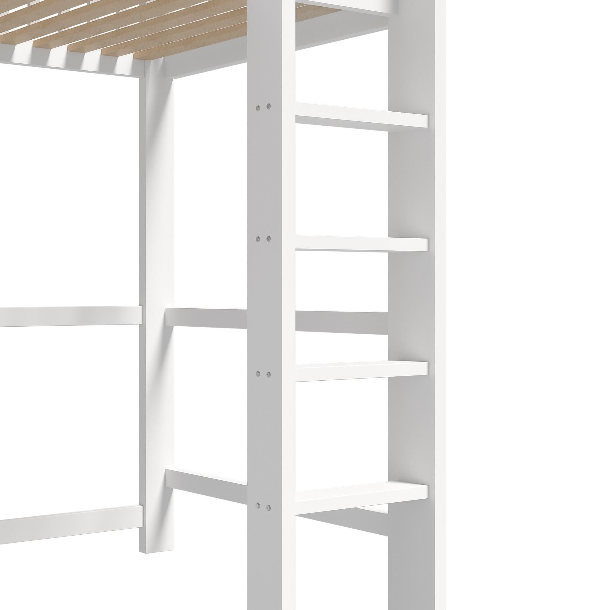 Flieks Etagenbett 90x200cm mit Schreibtisch und Regal, Kinderbett Hochbett mit Lattenrost, Stockbett Einzelbett mit Leiter, Weiß