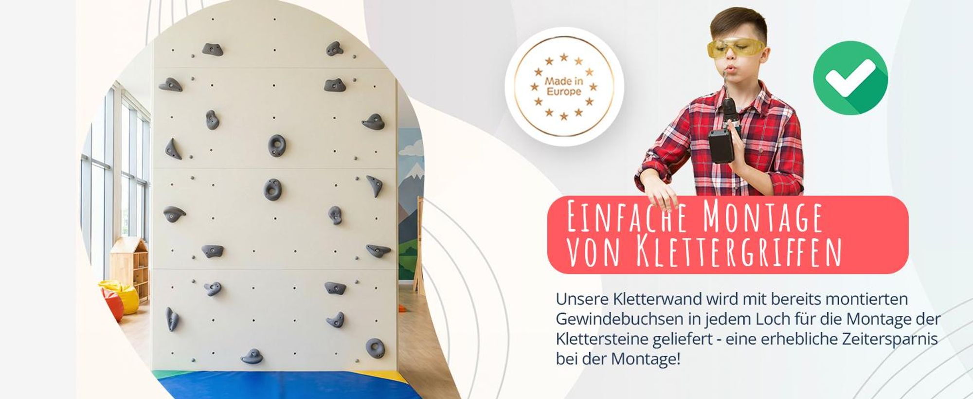 Create for you® - Kletterwand, 150x100 cm, 15 Grauen Klettergriffen, Heimklettergerüst, Fitnessgeräte für Zuhause, Kletterspielzeug Kinder