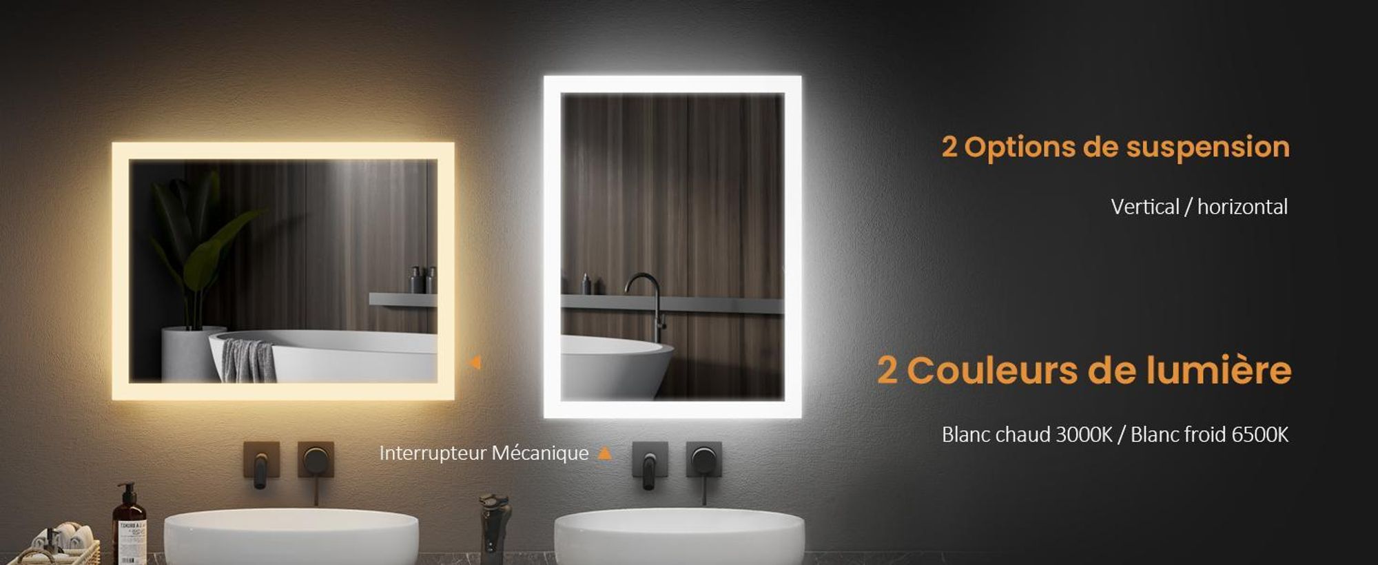Miroir de salle de bain LED EMKE 60 x 80 cm avec éclairage et anti-buée, miroir mural avec interrupteur mécanique Miroir de salle de bain 3000 K/6500 K Couleurs de lumière