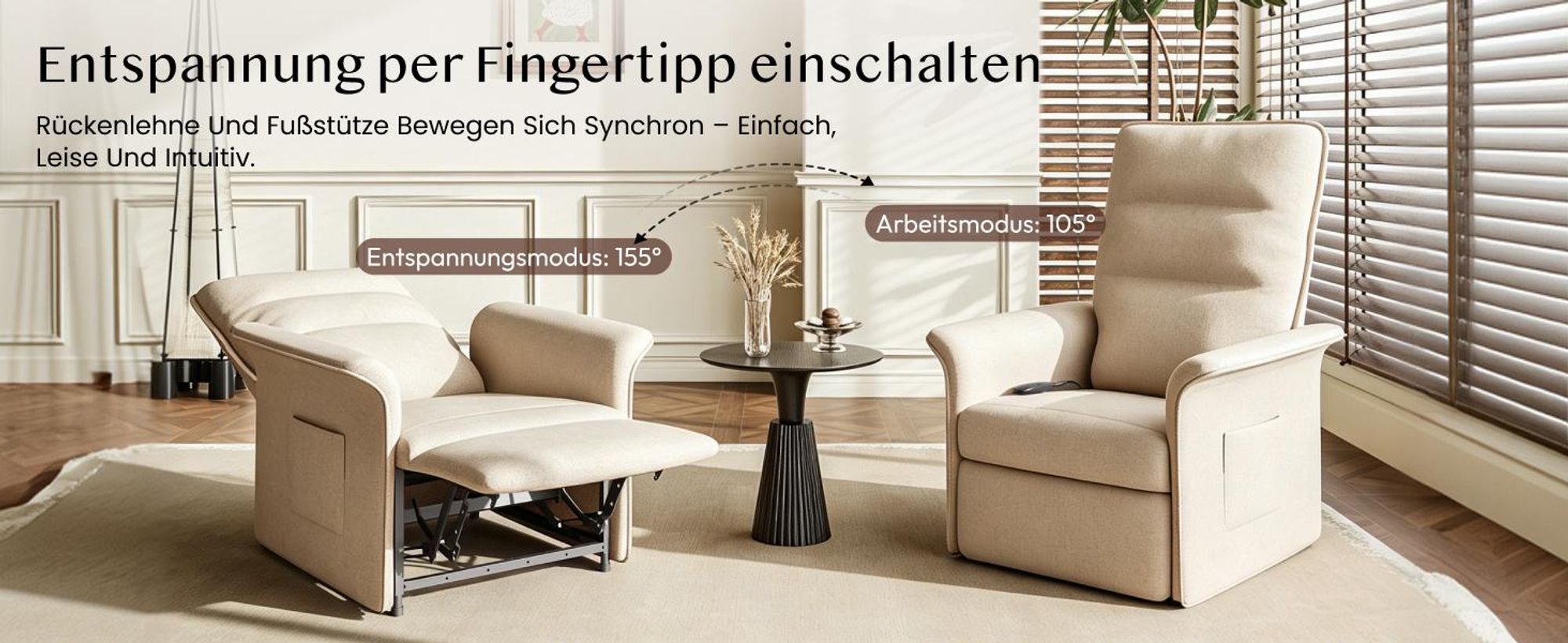 FLEXISPOT Elektrischer Relaxsessel mit Liegefunktion 105°–155°, Verstellbarer TV- & Fernsehsessel für Wohnzimmer, Rückenlehne & Fußstütze (Beige)