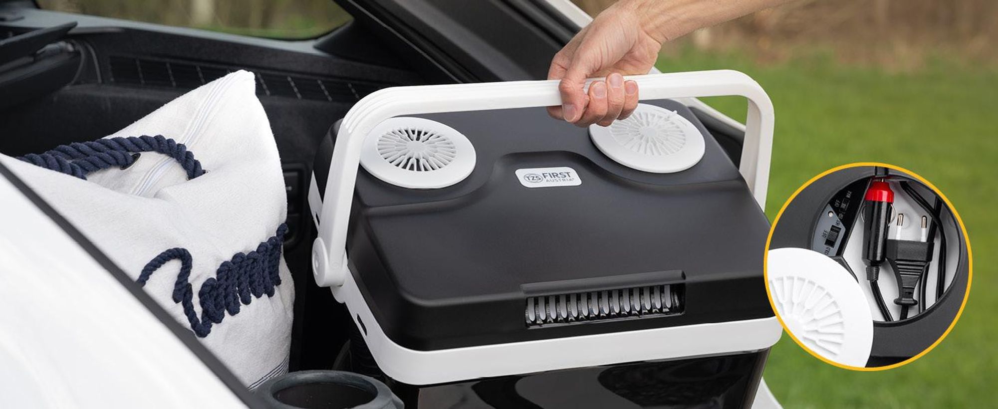 TZS First Austria - Kühlbox 32L elektrisch 12V 230V Anschluss für Auto & Steckdose - Thermoelektrisch - Schwarz