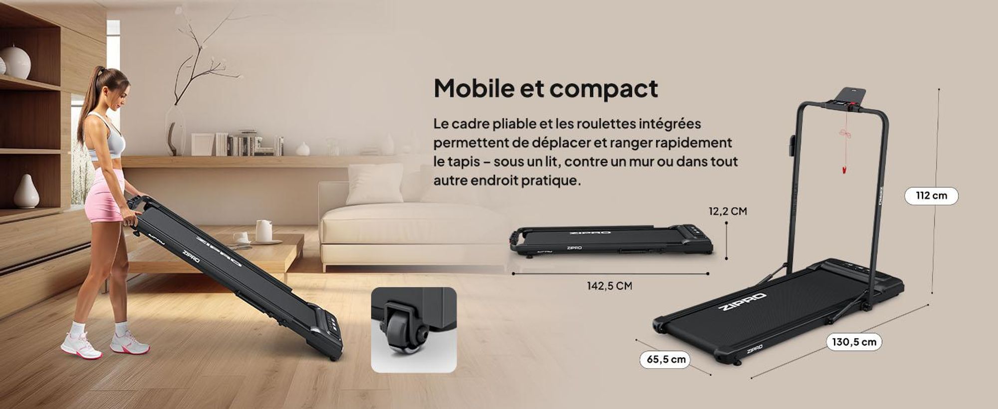 Tapis de course pliable ZIPRO Newlite - Tapis de course sous bureau Walking Pad pour la maison jusqu'à 10 km/h Appareil de fitness Télécommande Bluetooth