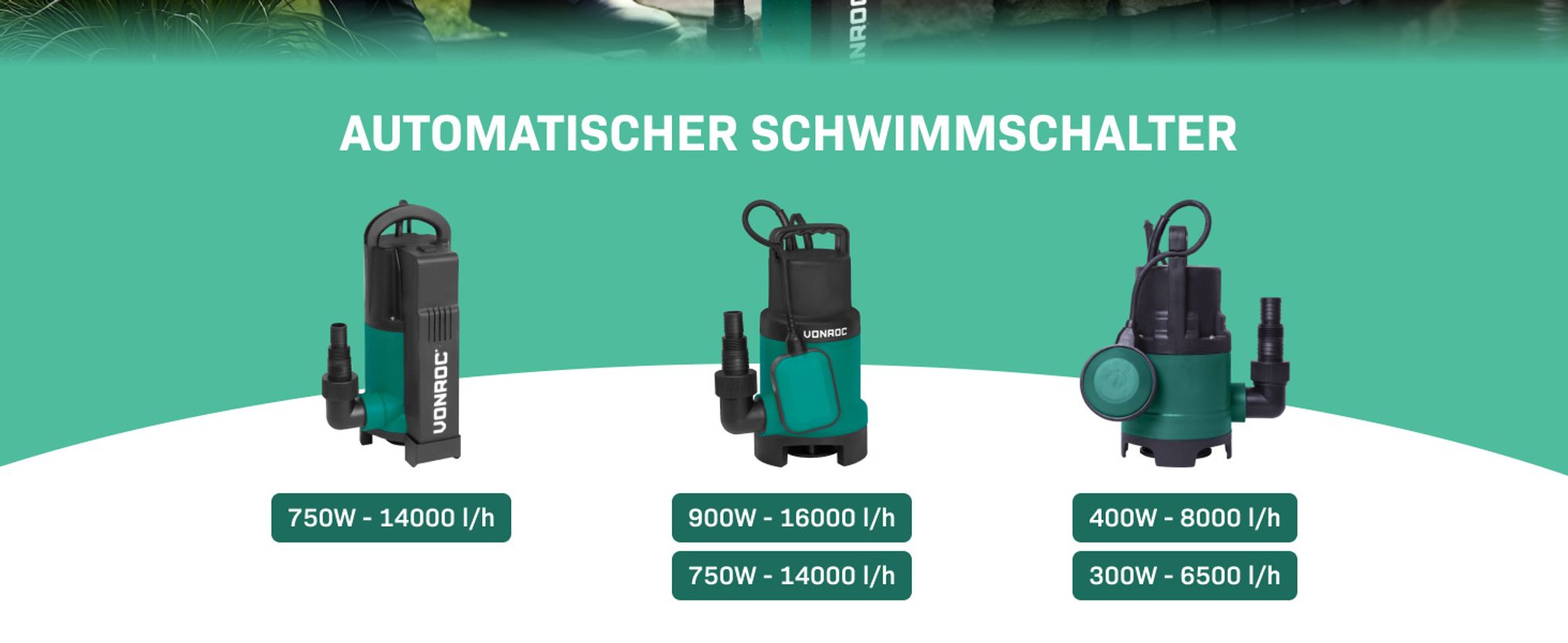 VONROC Tauchpumpe mit integriertem Schwimmer [750W] - Schmutzwasserpumpe für Keller, Pool, Gartenteich - Flachsaugend max Höhe [7,5m] - 1400 l/h