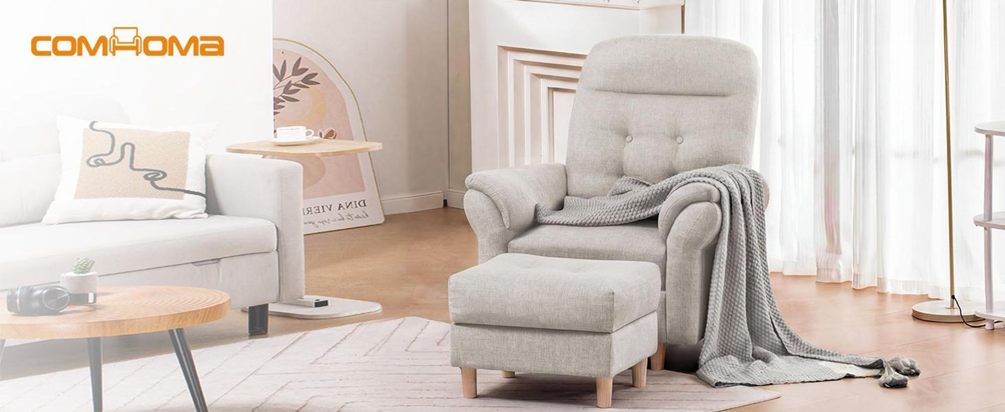 COMHOMA Fauteuil de relaxation Fauteuil TV avec dossier réglable 4 vitesses jusqu'à 160°, coussin à ressorts avec pouf Fauteuil de relaxation unique Salon Beige