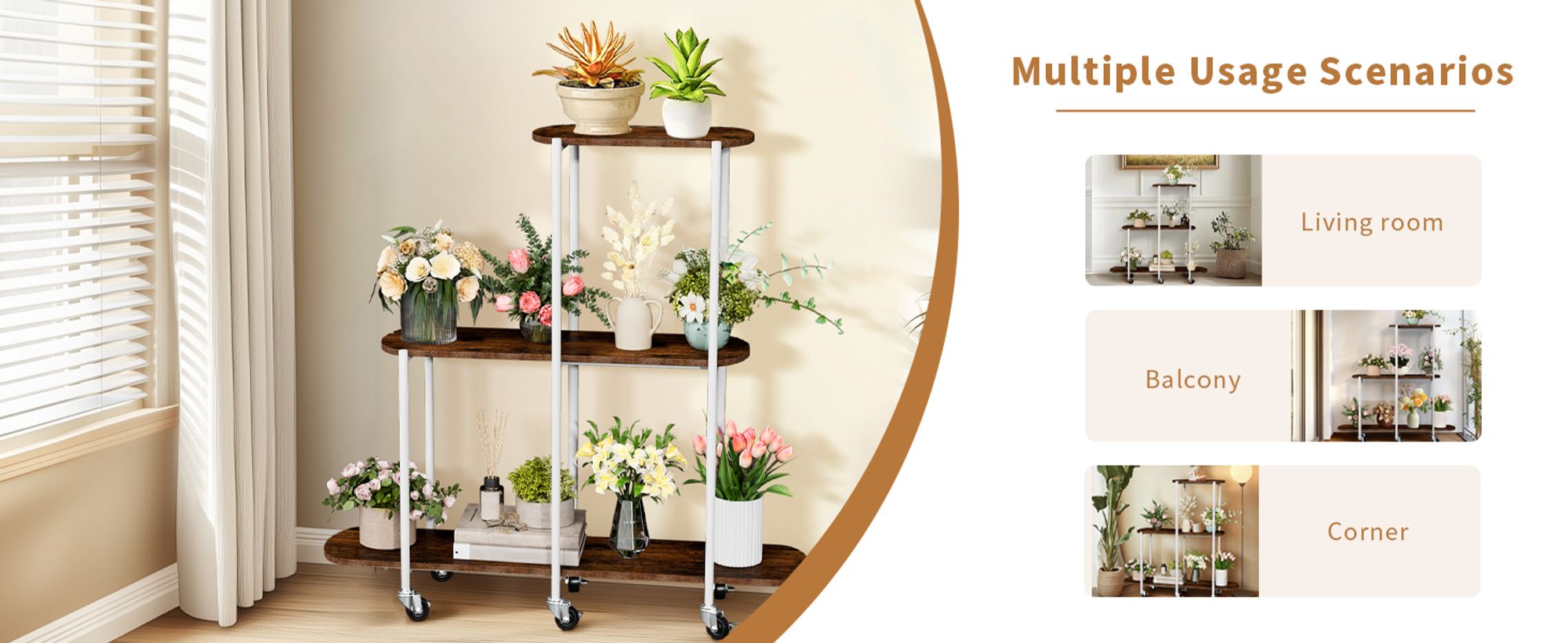 WISFOR Pflanzenregal rollbar, Blumenregal Blumenständer auf Rollen, Mehrstöckig Pflanzenständer Pflanzentreppe für Balkon Garten Terrasse,110x30x107cm